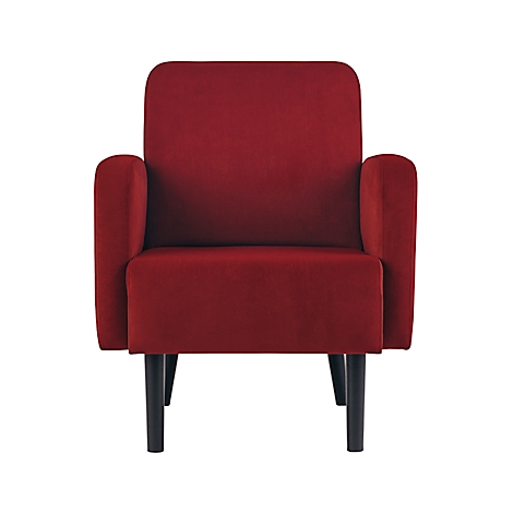 Rode fauteuil met zwarte poten op een witte achtergrond.