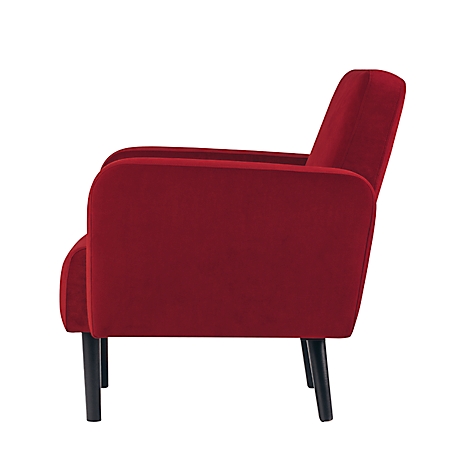 Rode gestoffeerde fauteuil in profiel, zwarte poten.