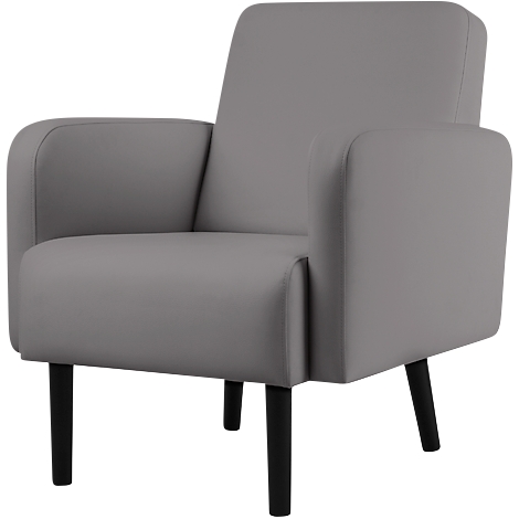 Grijze fauteuil met zwarte houten poten. Gevoerde armleuningen en rugleuning.