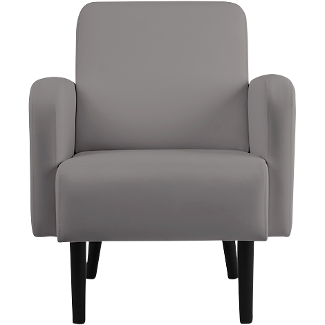 Grijze fauteuil met zwarte poten, vooraanzicht.