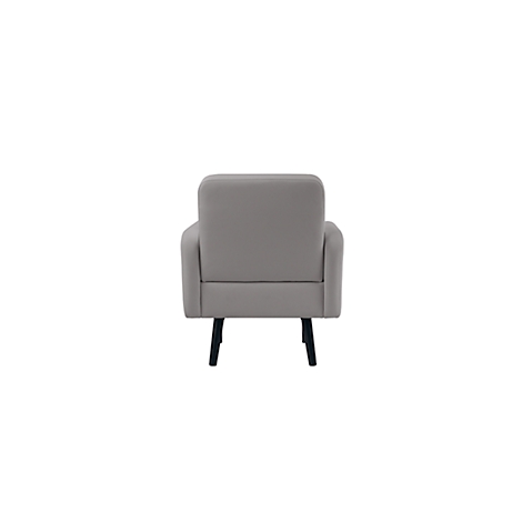Lichtgrijze fauteuil, achteraanzicht, zwarte poten, witte achtergrond.