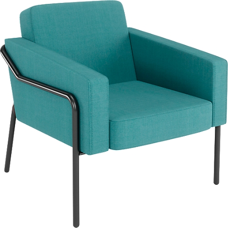 Turquoise fauteuil met zwart metalen frame. Lineair ontwerp, armleuningen, comfortabele bekleding.