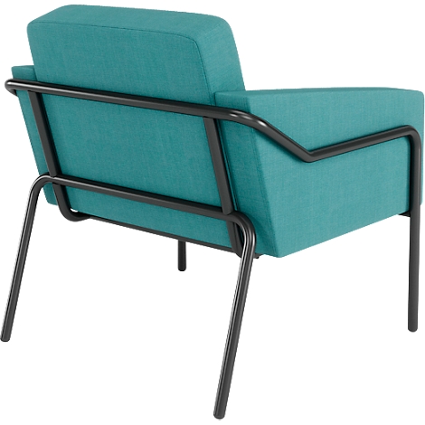Turkooisblauwe fauteuil met zwart metalen frame. Achteraanzicht.