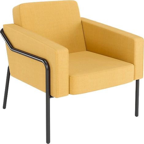 Gele fauteuil met zwarte metalen poten en frame. De fauteuil heeft een rechthoekige vorm en armleuningen.