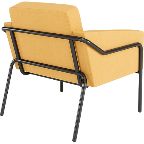 Gele zitzak van stof met zwart metalen frame, achteraanzicht.