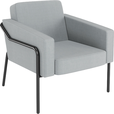 Lichtgrijze fauteuil met zwarte metalen poten en armleuningen.