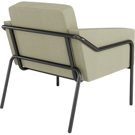 Beige gestoffeerde stoel van achteren, zwart metalen frame.