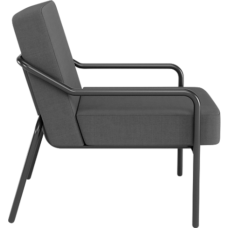Zijaanzicht van grijze fauteuil met metalen frame. Gevoerde zitting en rugleuning.