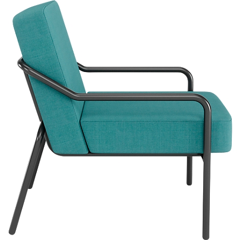 Turquoise fauteuil met zwart frame. Zijaanzicht, met zitvlak, rugleuning en armleuningen.
