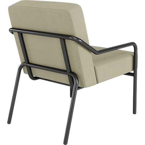 Stoel van achteren, beige bekleding, zwart metalen frame, minimalistisch design.