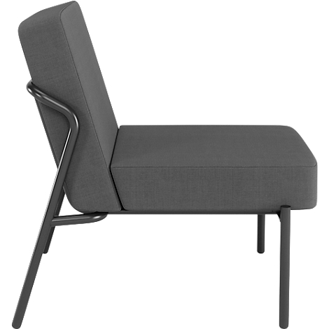 Grijze fauteuil in profiel. Metalen frame, gestoffeerde zitting en rugleuning.