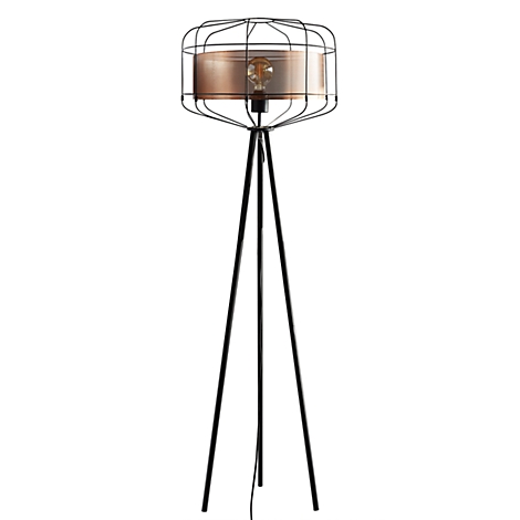 Schwarzbeinige Stehlampe mit Käfigschirm, Bronzefarbenem Innenleben und Glühbirne, vor weißem Hintergrund.