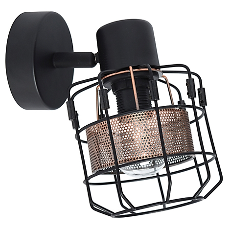 Zwarte wandlamp met draadkooi, koperen details en gebogen glas.