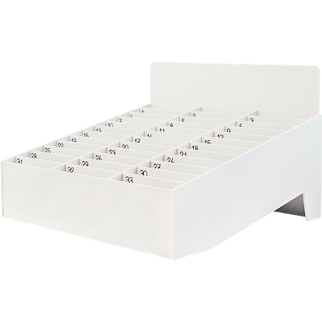 Witte schuine displaystandaard met genummerde vakken. Geschikt voor organisatie en presentatie.