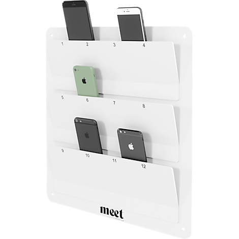 Witte telefoon organizer met 6 smartphones in diverse kleuren, gemarkeerd met cijfers en het woord meet.