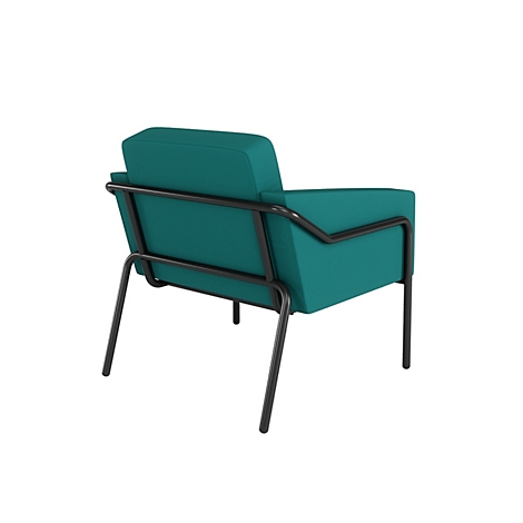 Türkisfarbener Sessel mit schwarzem Metallgestell, von hinten gesehen.