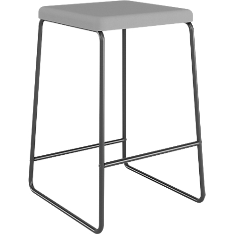 Tabouret de bar moderne avec une assise carrée grise sur un cadre en métal noir minimaliste.