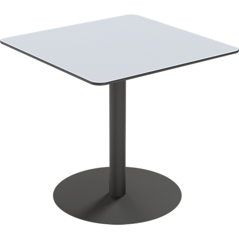 Kleiner quadratischer Tisch mit weißer Tischplatte, grauer Säule und rundem Fuß.