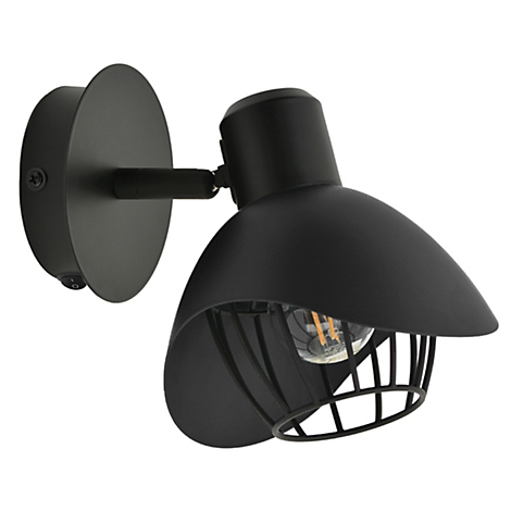 Applique murale noire, composée d'un support rond, d'un bras et d'une tête de lampe avec une grille.