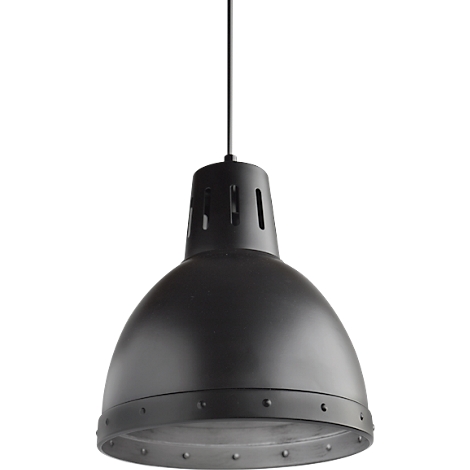 Suspension noire avec abat-jour rond, détails : rivets sur le bord inférieur.