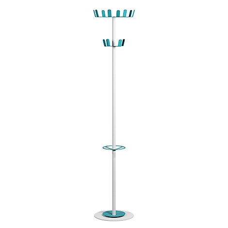 Porte-chaussures blanc avec trois étagères turquoise. Base ronde, partie centrale en forme d'anneau.