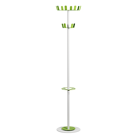 Porte-manteau sur pied blanc avec étagères et accents verts. Sur une base ronde, deux supports, un en haut, un au milieu.