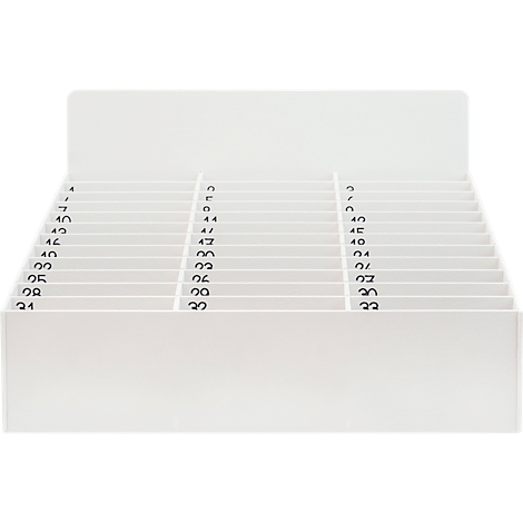 Boîte d'assortiment blanche avec plusieurs compartiments, numérotés.
