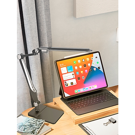 Ein iPad mit Tastatur und Stift steht auf einem Holzsockel. Eine Lampe leuchtet das Tablet aus, es liegt auf einem Holzschreibtisch.