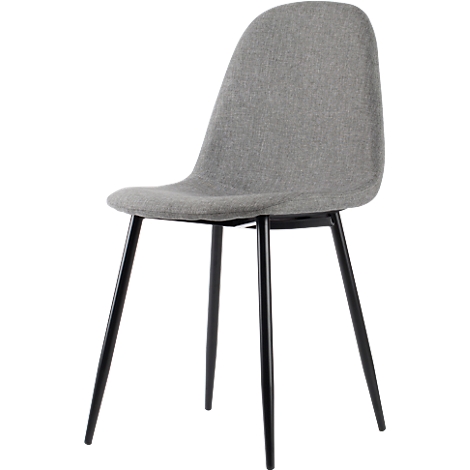 Grauer Stuhl mit schwarzem Gestell. Gepolsterte Sitzfläche und Rückenlehne. Schlichtes Design.