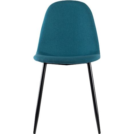 Stuhl, tealfarbener Sitz, schwarze Beine. Die Sitzfläche ist oval, die Beine sind schlank.