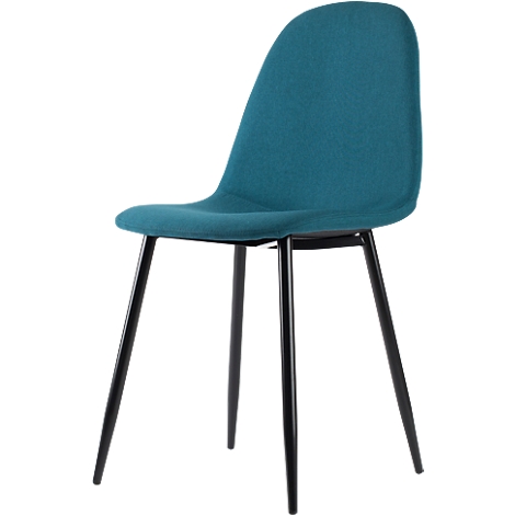 Stuhl mit türkisblauem Sitz und schwarzem Gestell, Seitenansicht.