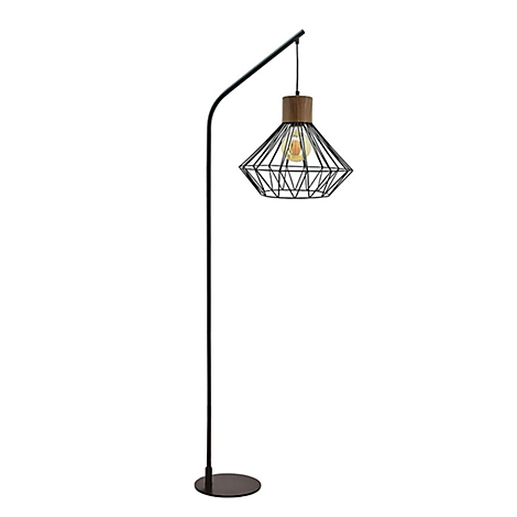 Vloerlamp met zwart metalen frame en diamanten lampenkap. Hout en gloeilamp zijn zichtbaar.
