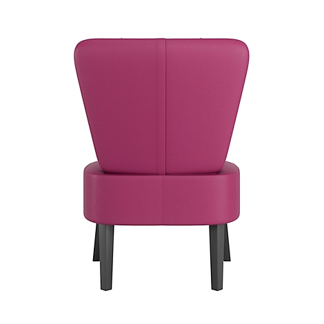 Rückansicht eines magenta Sessels mit dunklen Holzbeinen. Das Design wirkt minimalistisch und elegant.