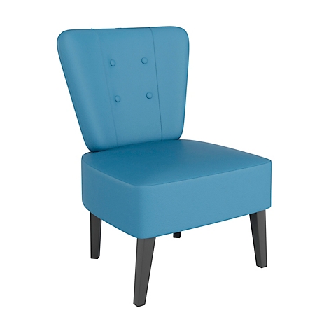 Blauer Sessel mit Rückenlehne und grauen Beinen, drei Knöpfe.