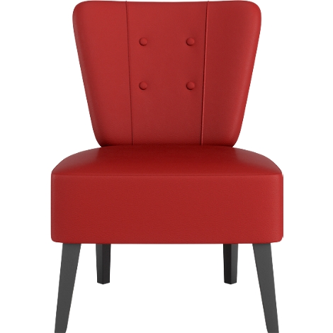 Roter Cocktailsessel. Der Stuhl hat eine gebogene Rückenlehne, vier Knöpfe und schwarze Beine.