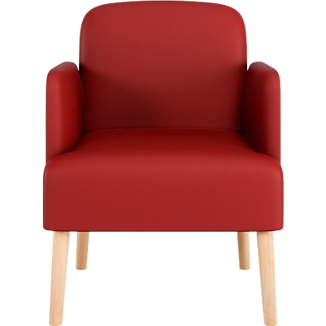 Roter Sessel mit Holzbeinen vor weißem Hintergrund. Der Sessel hat eine breite Rückenlehne, Armlehnen und vier helle Holzbeine.