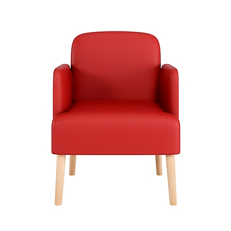 Roter Sessel mit Holzbeinen vor weissem Hintergrund.