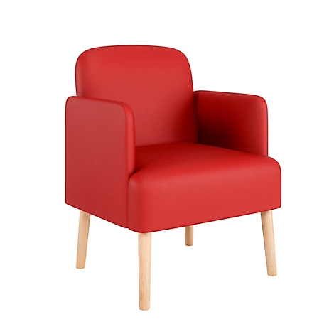 Roter Sessel mit hellen Holzbeinen. Die Armlehnen sind kurz und abgerundet.
