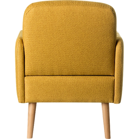 Senffarbener Sessel, von hinten fotografiert, mit hellen Holzbeinen.