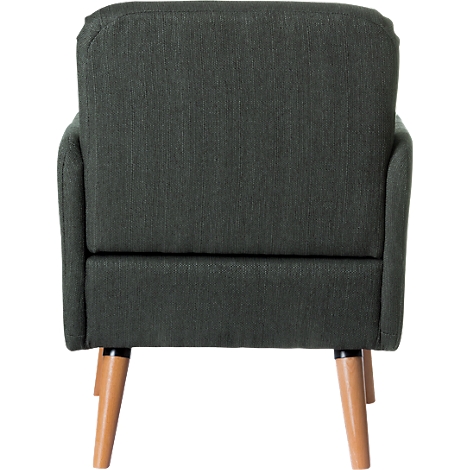 Ein grüner Sessel mit Holzfüßen. Der Sessel ist aus Stoff und hat abgerundete Armlehnen.