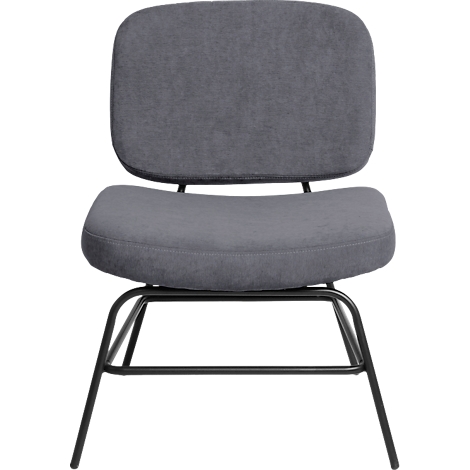 Grauer Sessel mit Metallgestell.