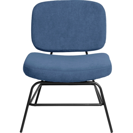 Blauer Polstersessel, schwarzes Metallgestell.