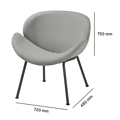 Grauer Sessel mit schwarzen Metallbeinen. Maße: 720 x 480 x 750 mm.