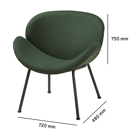 Grüner Stuhl mit schwarzem Gestell. Maße: 720x480x750 mm.