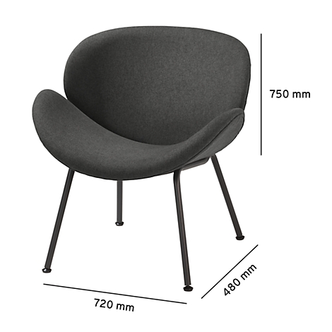Dunkelgrauer Sessel, mit schwarzen Metallfüssen. Masse: 750x720x480 mm.