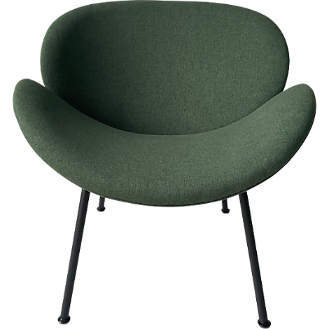 Grüner Sessel mit geschwungenen Formen und schwarzen Metallbeinen.