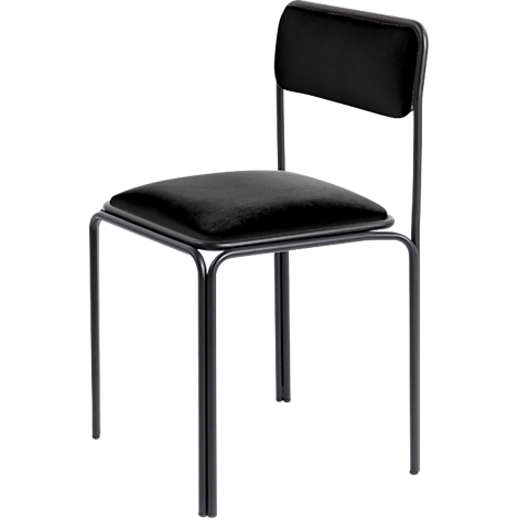 Chaise noire avec assise et dossier rembourrés, sur fond blanc.