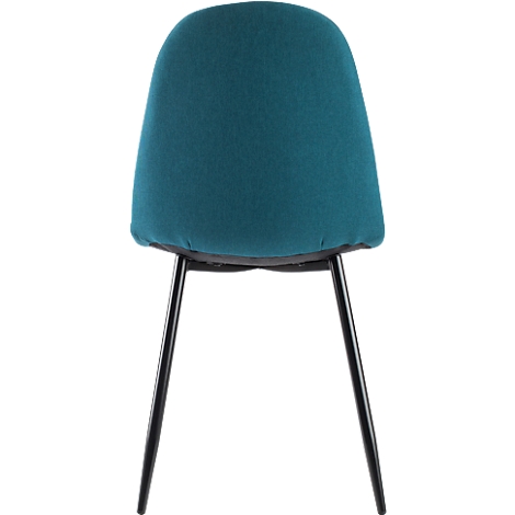 Silla con asiento turquesa y marco negro. La silla se muestra desde atrás.