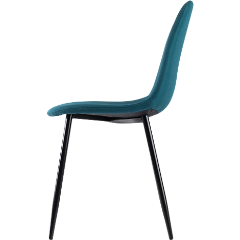 Una silla individual de perfil, asiento y respaldo turquesa, patas negras.