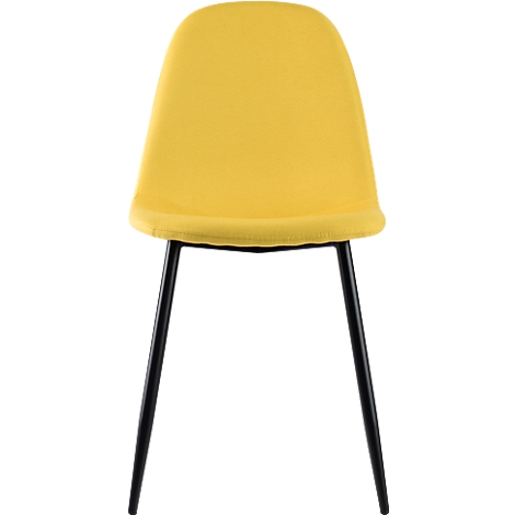 Silla amarilla, patas negras. Asiento y respaldo de tela, forma ligeramente redondeada.